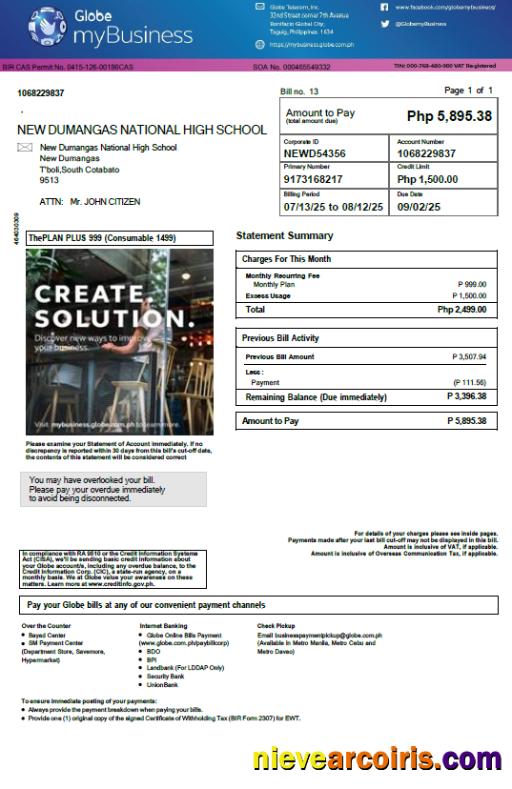 Philippines Globe myBusiness utility bill